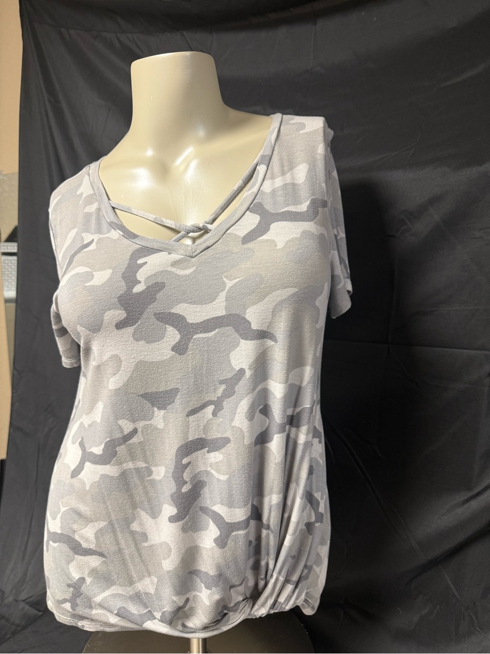 Maurices Grey Camo Short Sleeve V-Neck Top with Front Strap